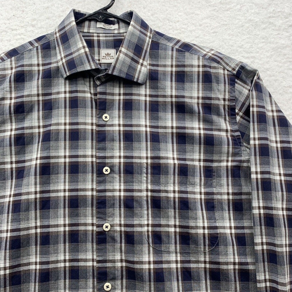 Peter Millar Button Up Shirt Mens Medium Gray White Plaid Golf Preppy Dad Sports - Picture 4 of 12